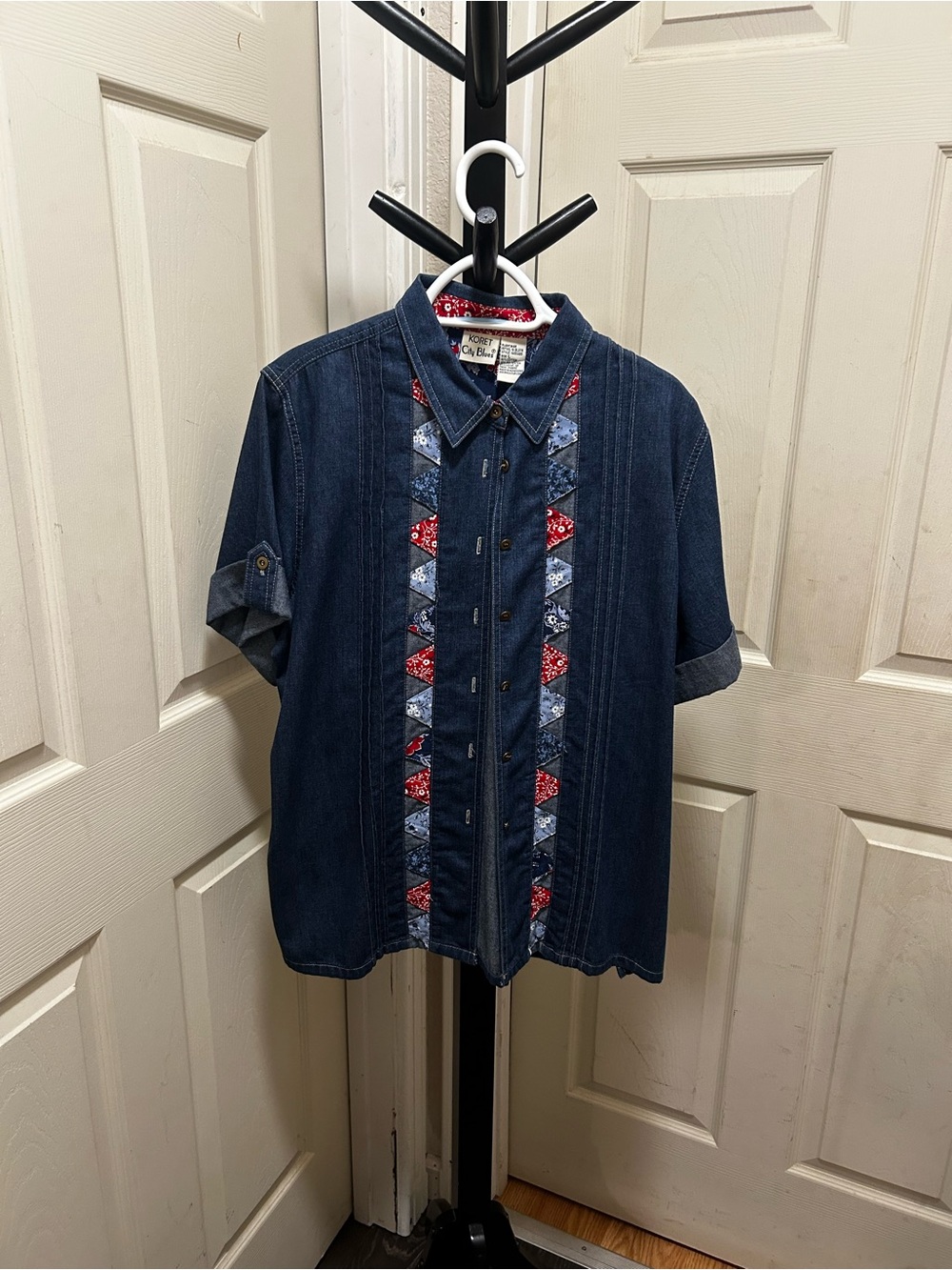 Vintage Koret City Blues women's patchwork bandana denim button-up shirt.